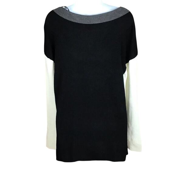 Vince Camuto Women’s Medium Colorblock Sweater Black Off White Button Shoulder - Picture 16 of 16